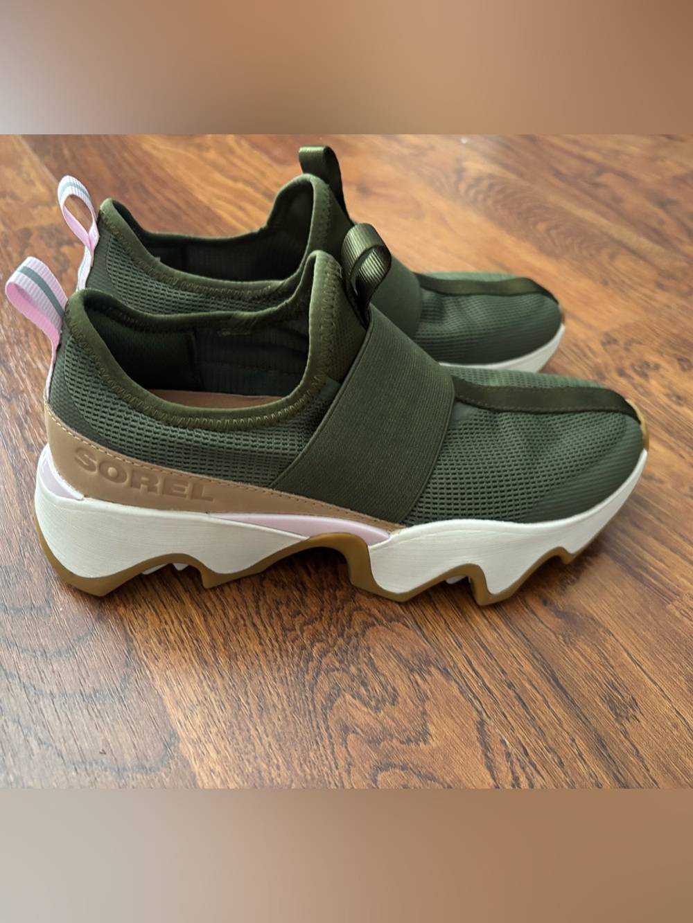 Sorel Olive Green Slip-On Chunky Sole Sneaker with Pink Pull Tab